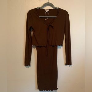 2 piece dress cardigan set, brown with ruffle hem. Academia, Y2K, cottagecore
